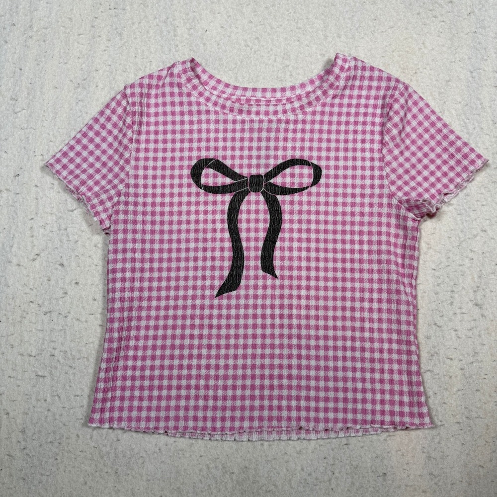 SO Pink Gingham Bow Graphic Tee Kids Size L 10/12 Lettuce Edge Ribbed Top